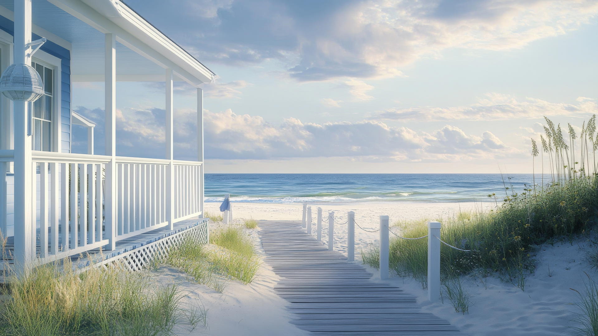 beach house wallpaper with white and blue coastal house, wooden boardwalk, and ocean view