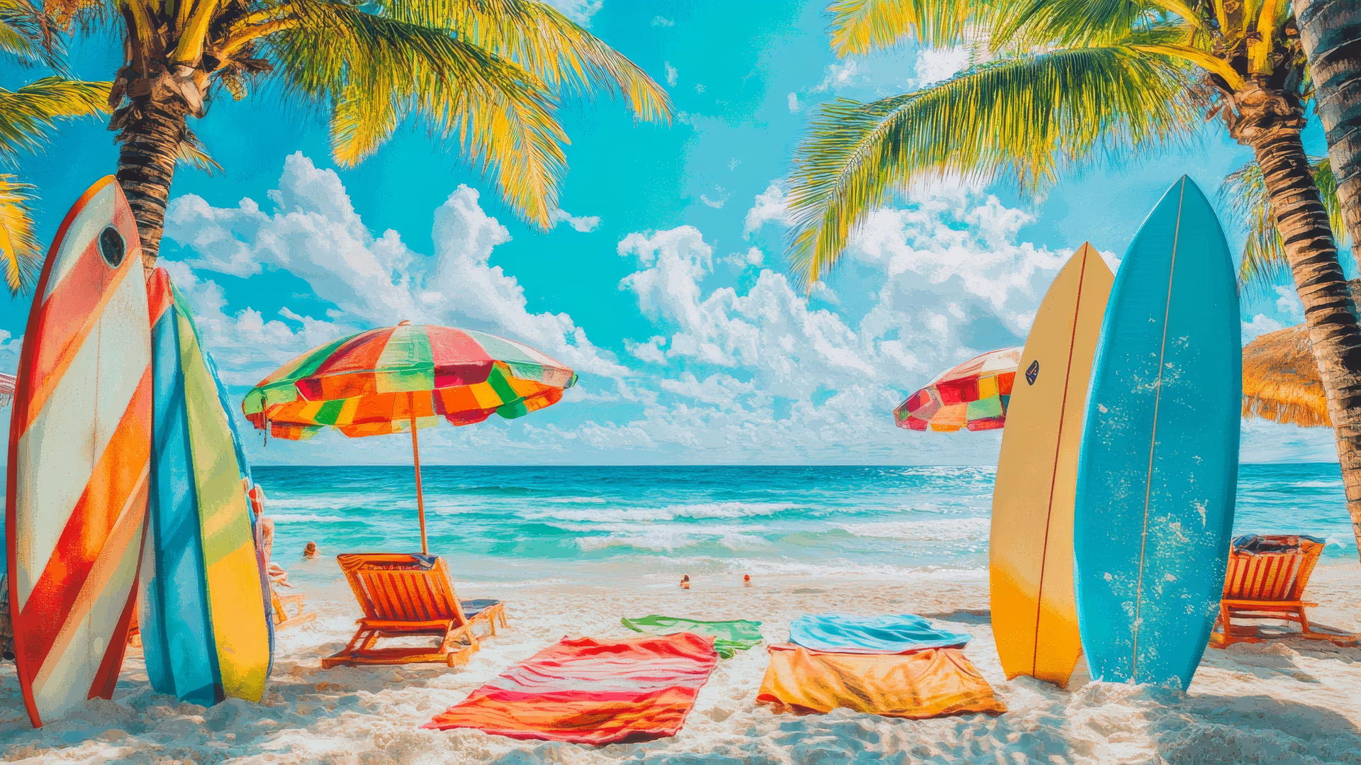 vibrant beach themed wallpaper with beach towels, umbrellas, and surfboards