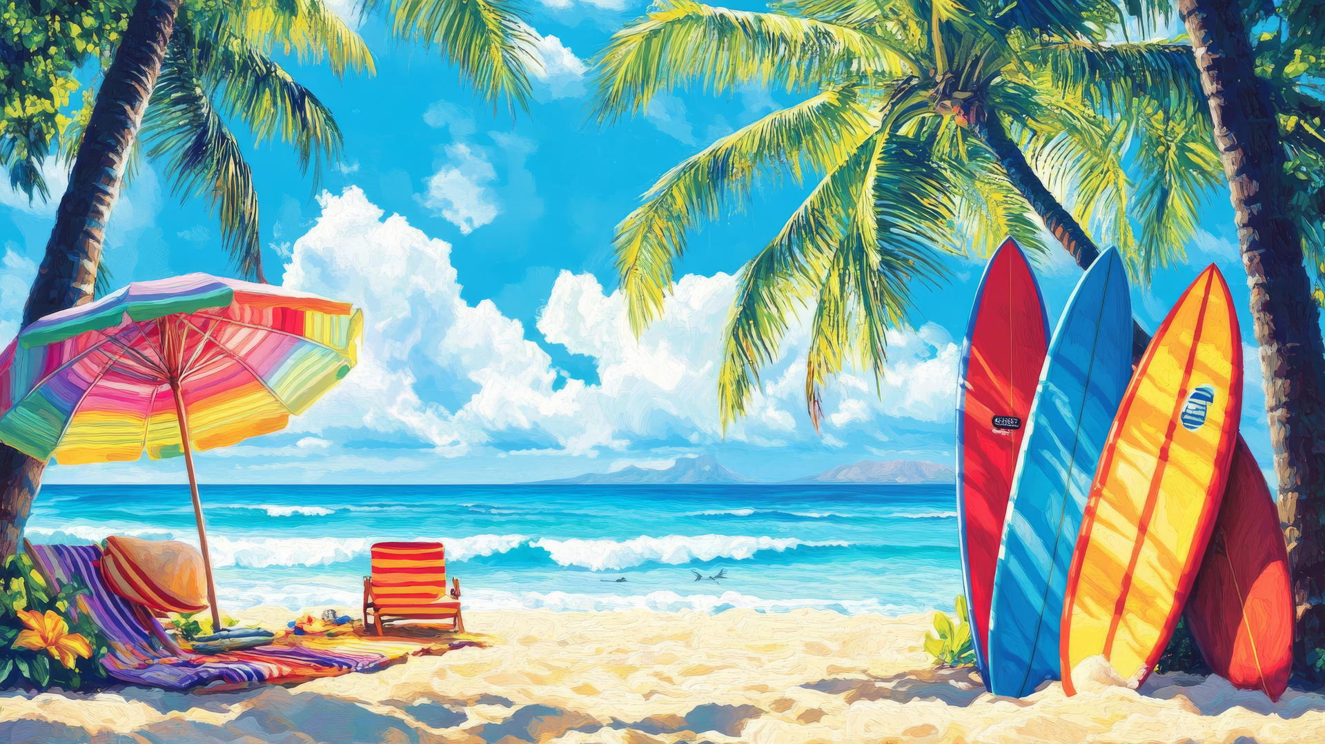 vibrant beach themed wallpaper with bright towels, umbrellas, surfboards, and palm trees