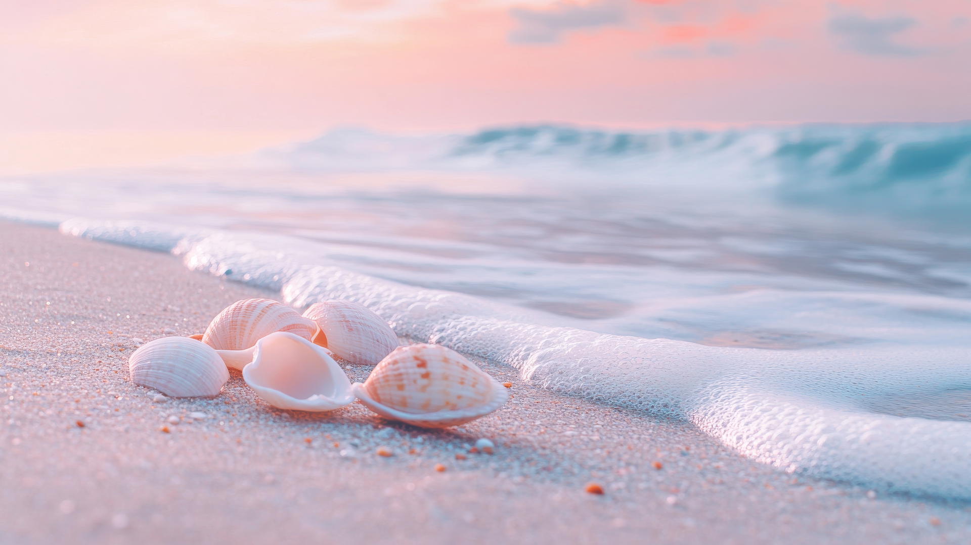 aesthetic beach wallpaper with pastel skies, seashells, and gentle waves