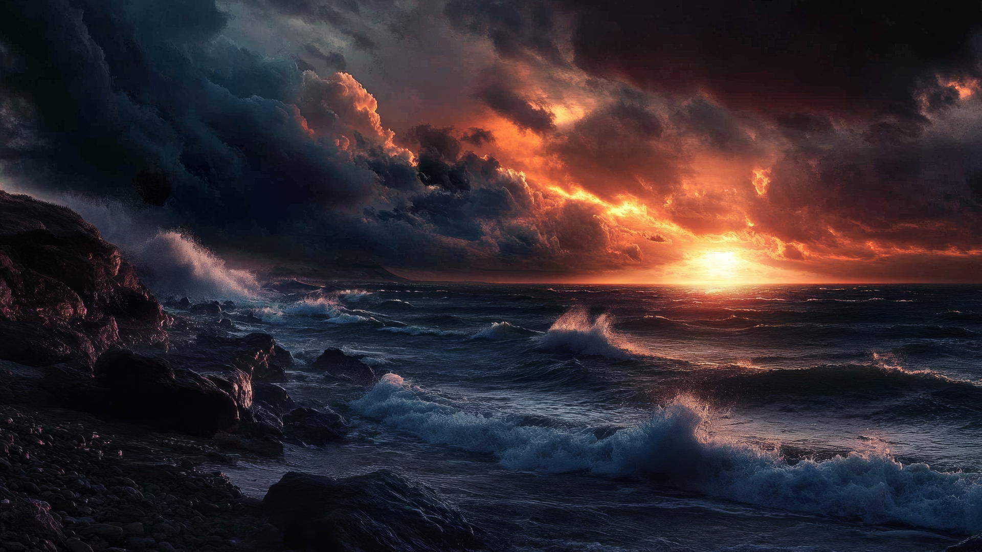 Moody beach sunset wallpaper with crashing waves and storm clouds.