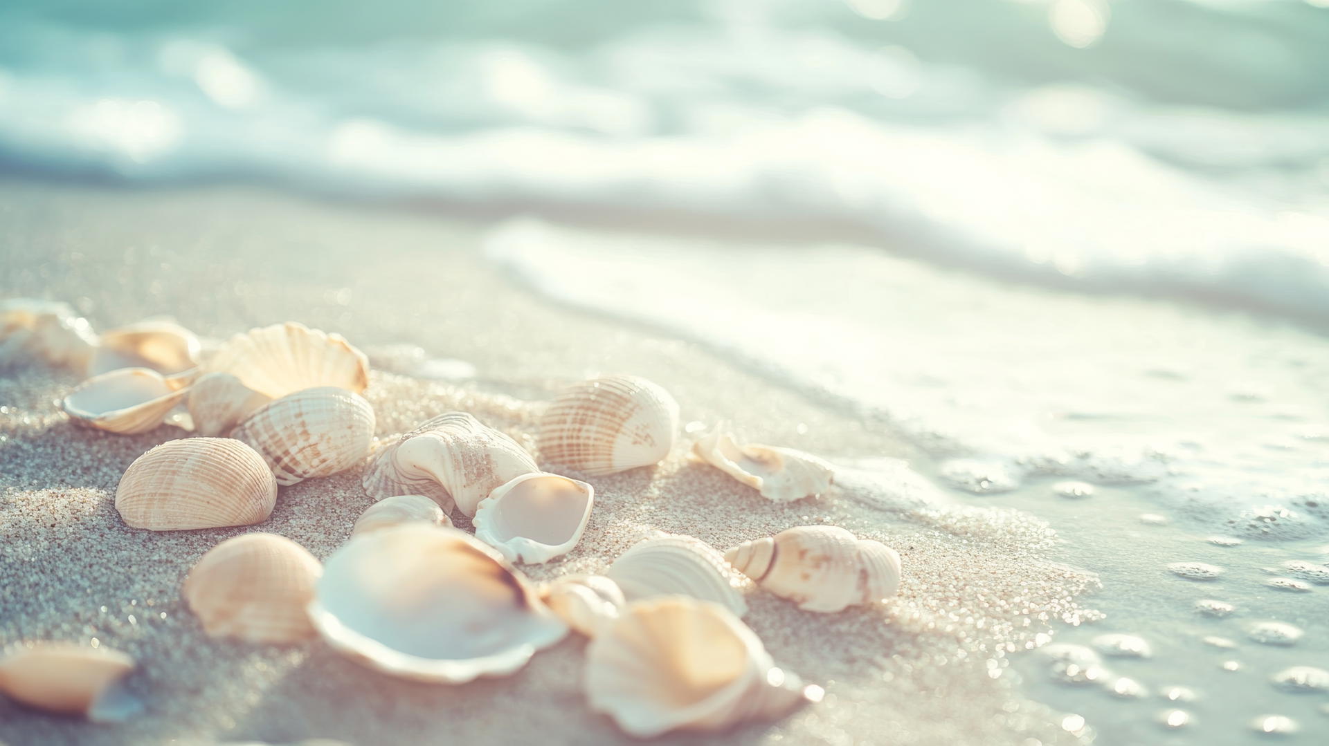 vintage beach scene with muted colors, faded seashells, and soft blur effect, beach wallpaper aesthetic