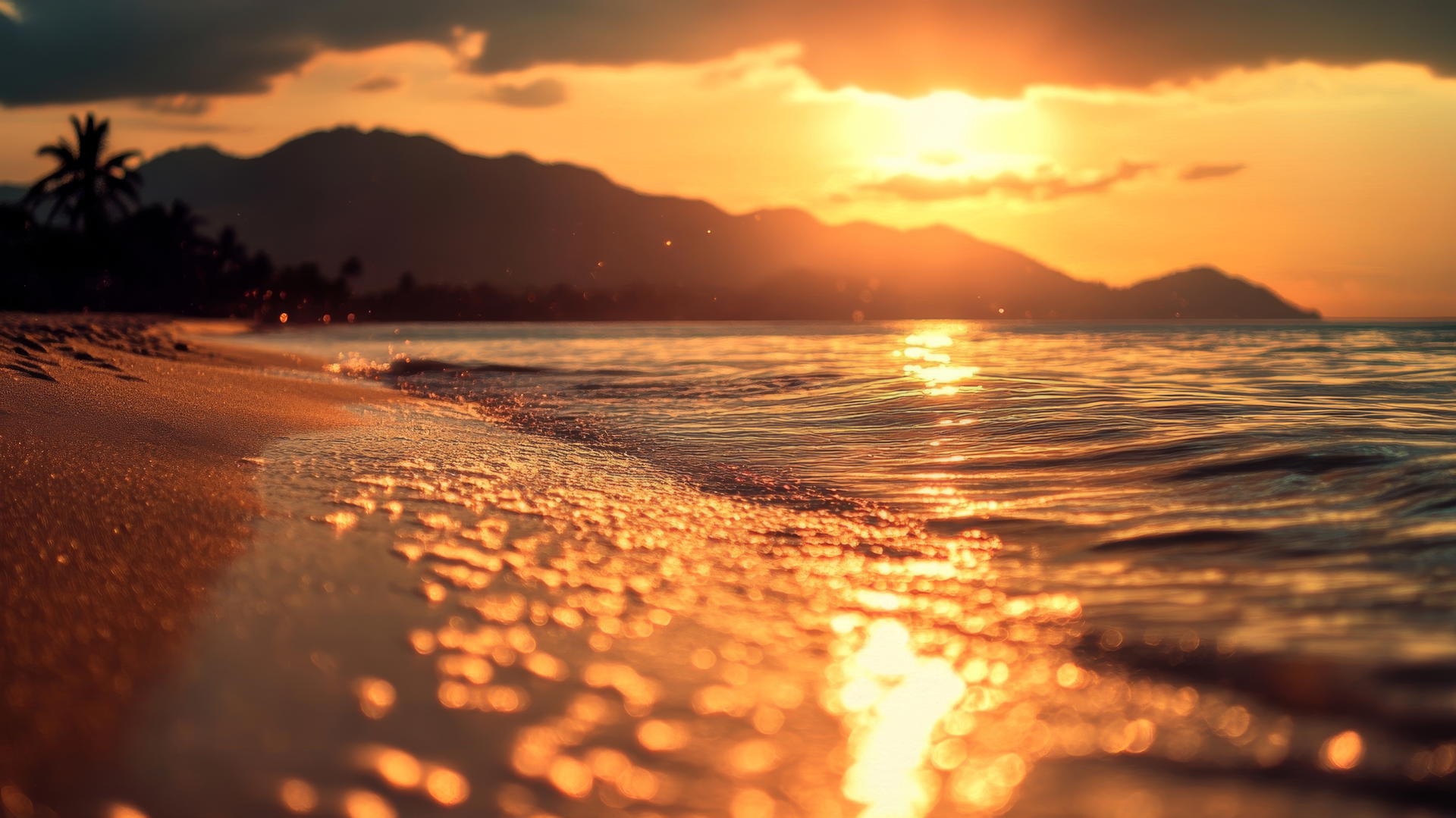 A glowing beach sunset with golden light on sand, distant mountains, and palm trees, beach wallpaper aesthetic