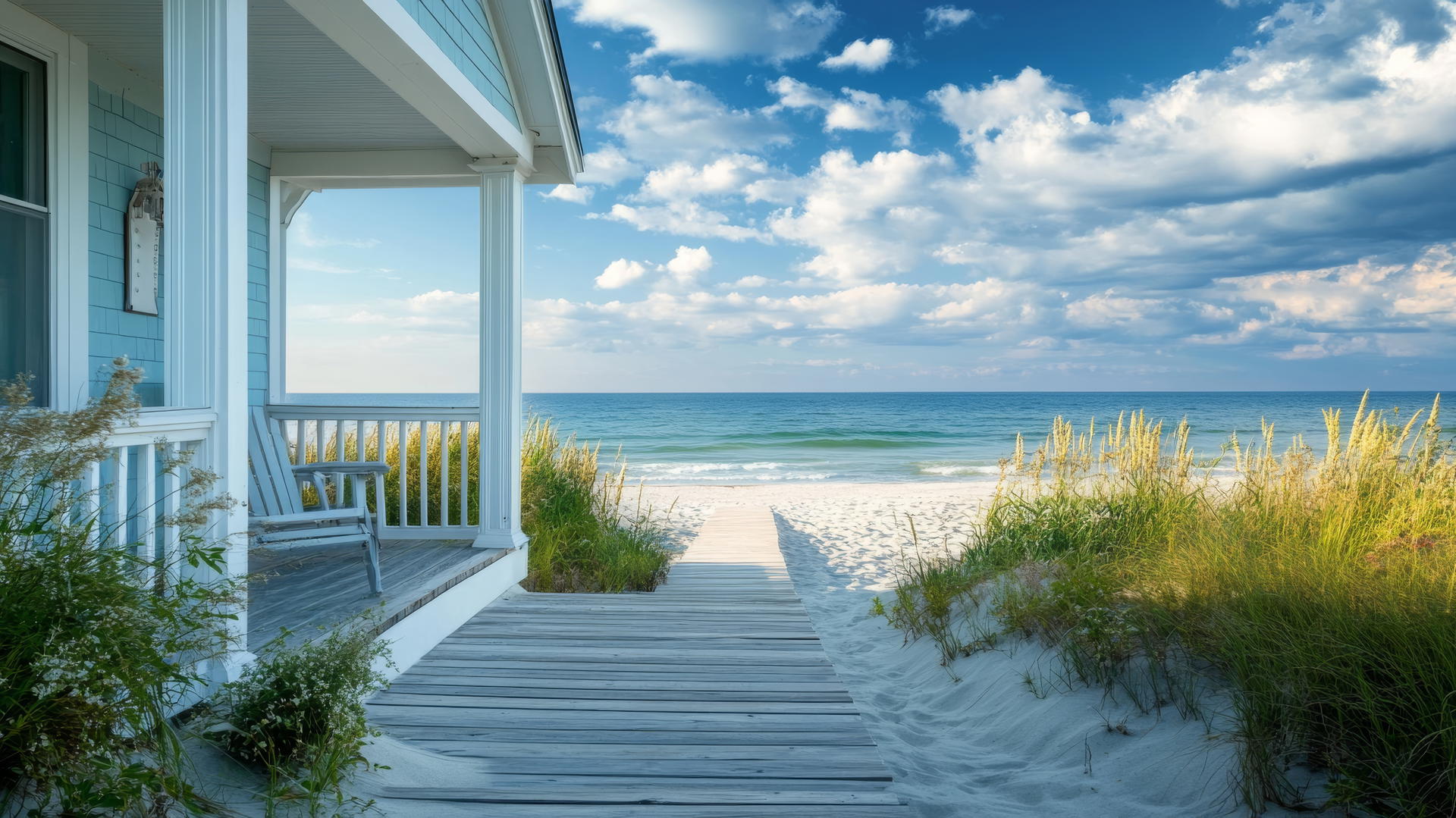 beach house wallpaper with white and blue coastal house, wooden boardwalk, and ocean view
