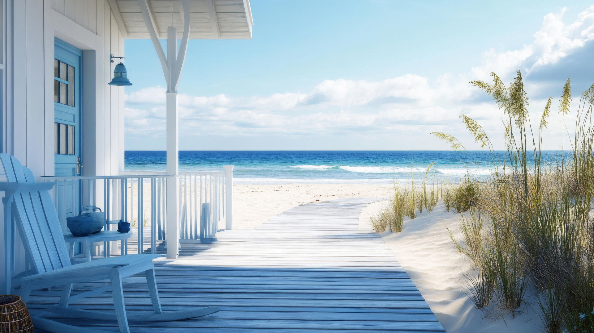 beach house wallpaper with white and blue coastal house, wooden boardwalk to beach, and ocean view