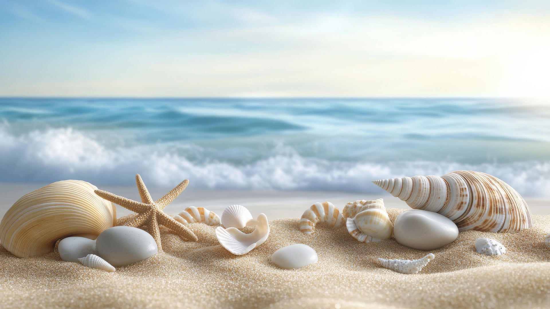 beach themed wallpaper with seashells, starfish, stones, and ocean waves