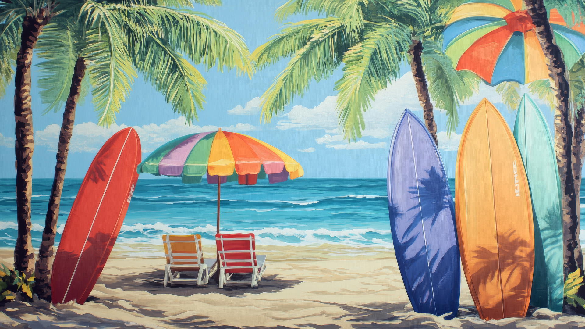 beach themed wallpaper with bright towels, colorful umbrellas, surfboards, palm trees, sunny ocean