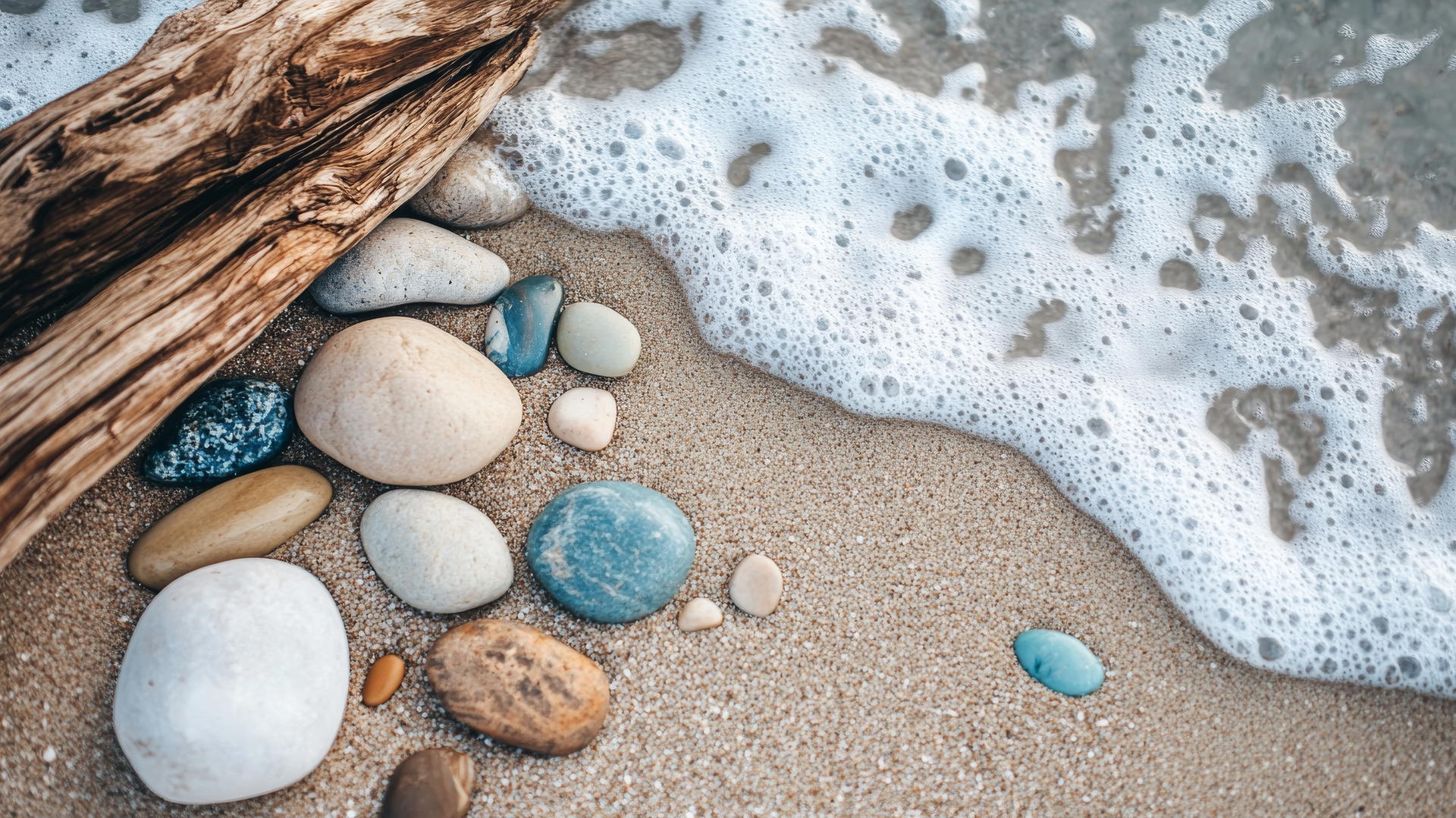 Boho beach aesthetic with driftwood, smooth stones, seafoam on sand