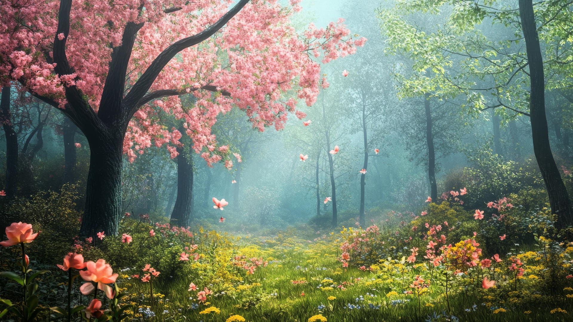 Spring wallpaper with fairy-tale forest, budding trees, and flowers.