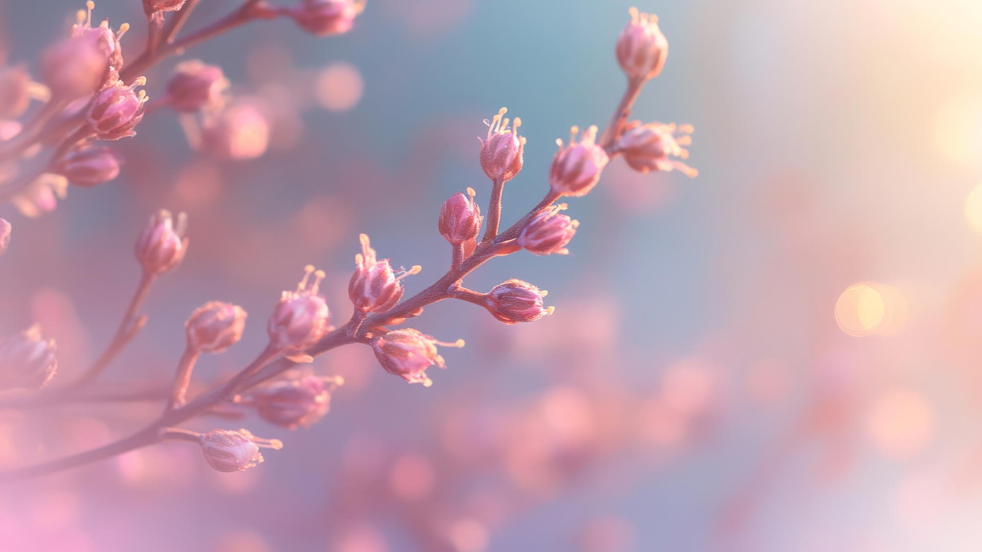 spring wallpaper with delicate flower buds on branches in pastel hues