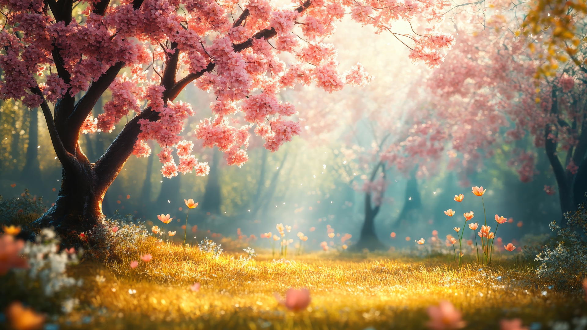 spring wallpaper with colorful blossoming trees and sunlight