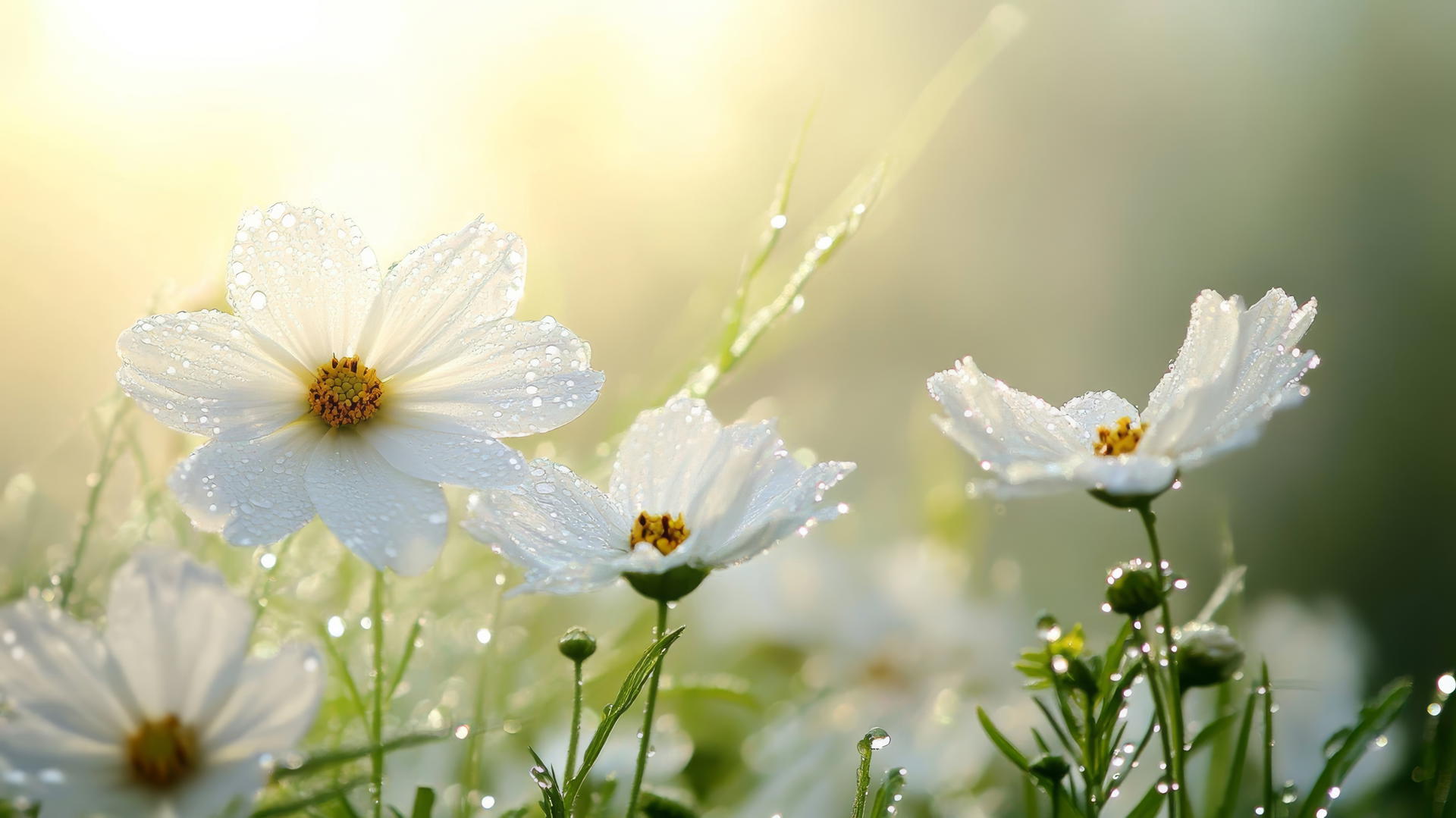 A serene spring wallpaper with misty morning, dew-covered flowers, and soft sunlight.