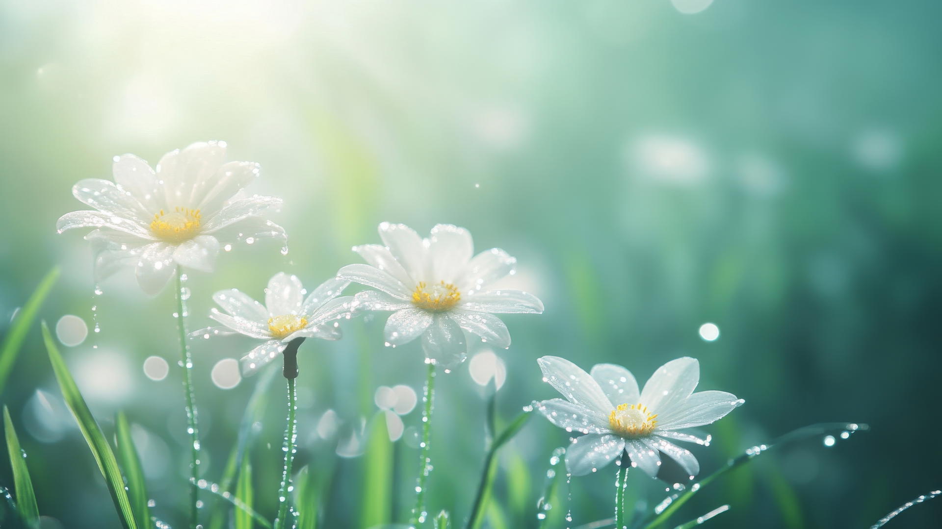 spring wallpaper with misty morning, dew-covered flowers, soft sunlight