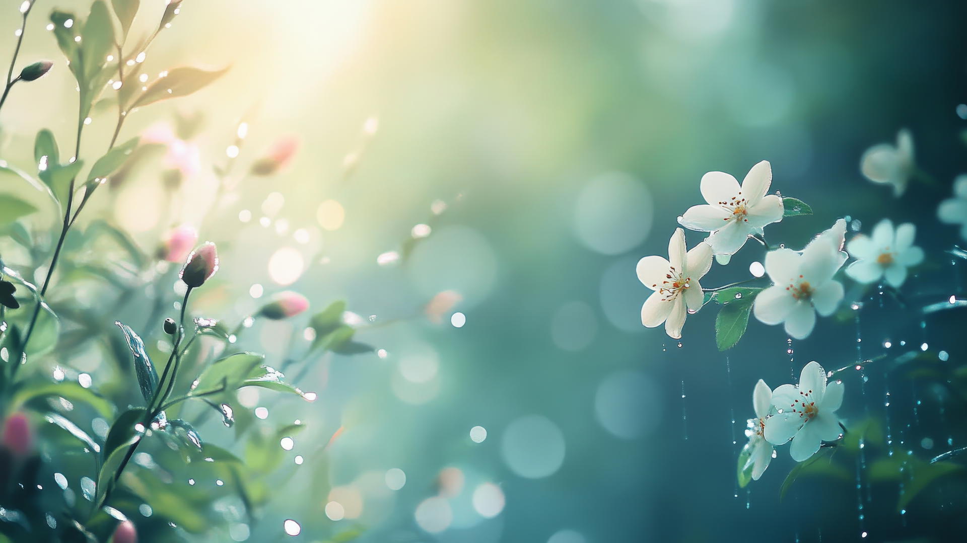 spring wallpaper with misty morning, dew-covered flowers, and soft sunlight