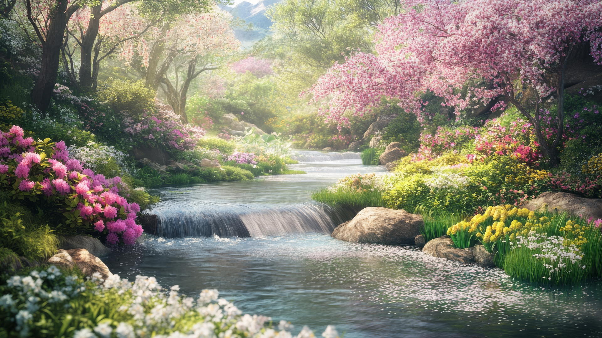 spring wallpaper with a flowing river and blooming plants