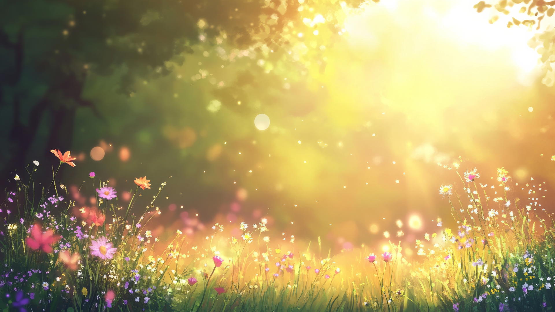 spring background wallpaper of a meadow at dawn with blooming wildflowers