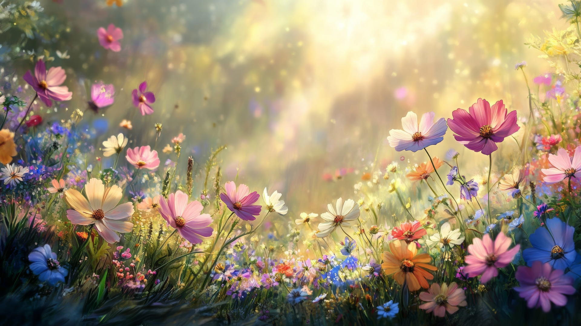 spring flowers wallpaper with vibrant meadow and soft sunlight