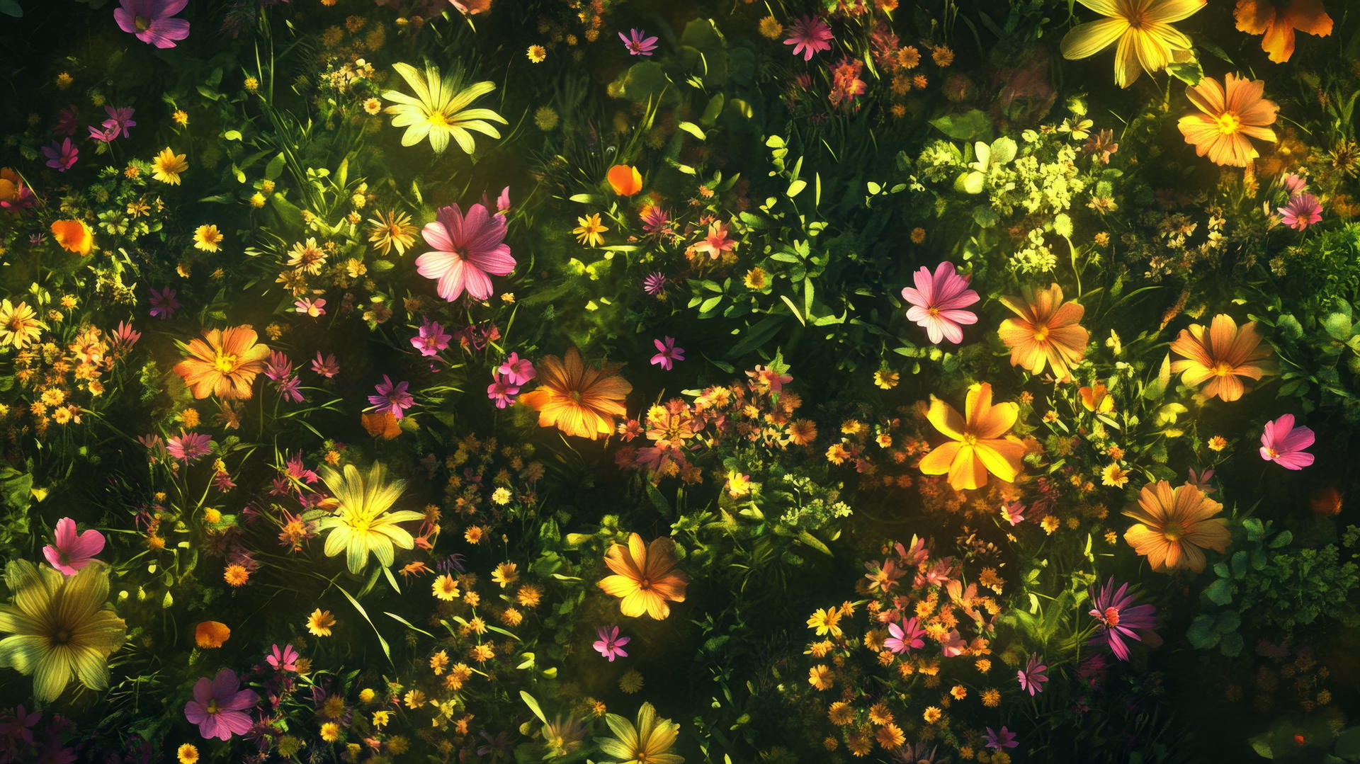Overhead view of vibrant wildflowers in warm light, spring flowers wallpaper
