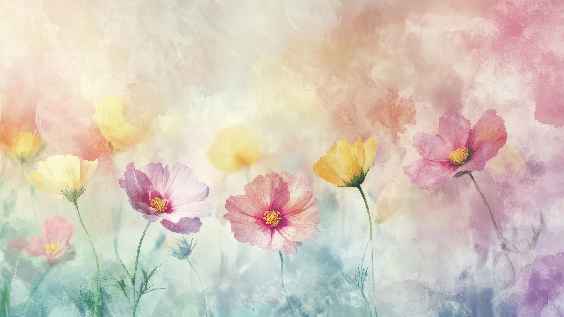 spring flowers wallpaper with pastel-colored floral shapes on watercolor background