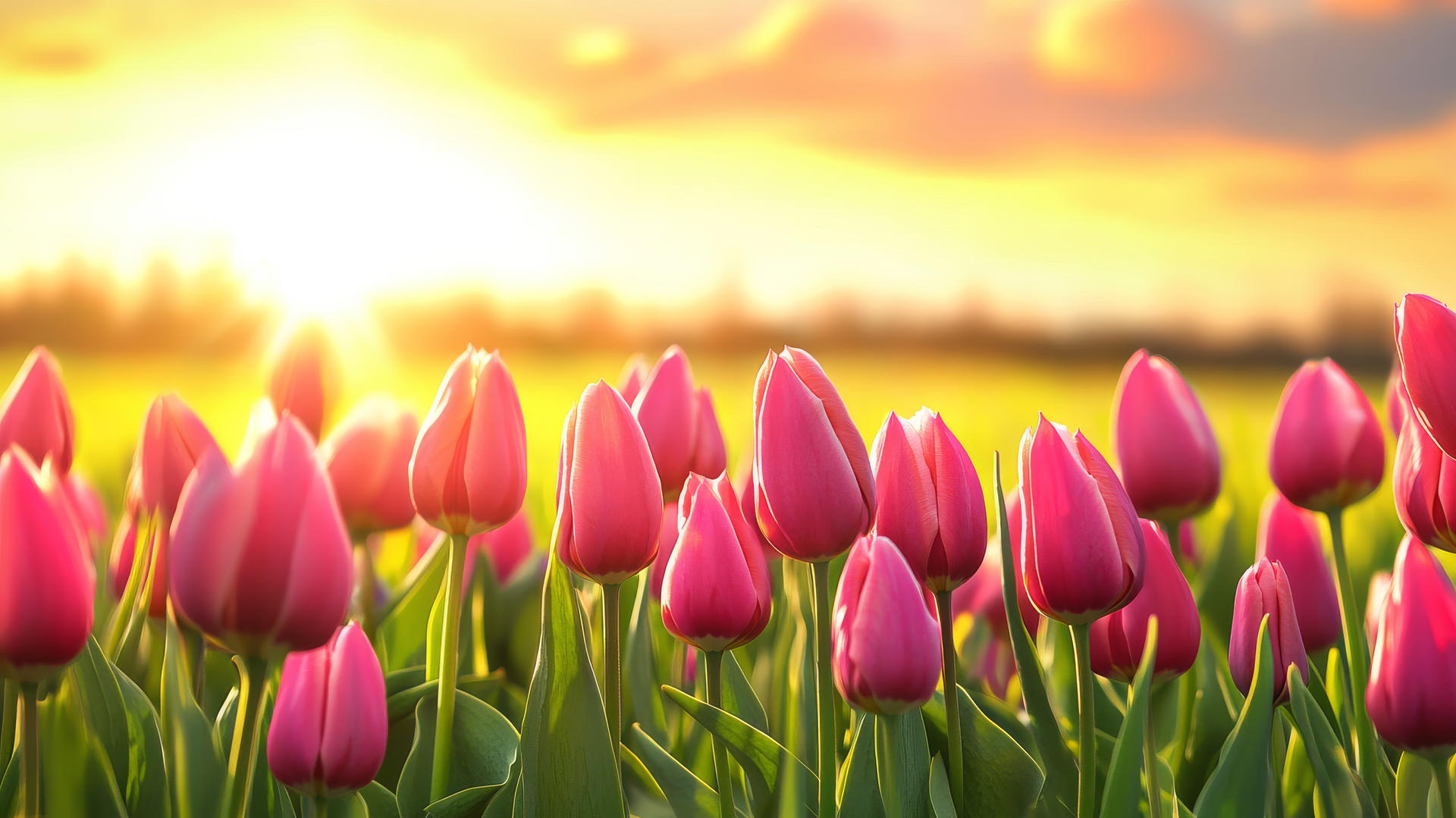 Spring flowers wallpaper with a field of tulips in full bloom under warm sunlight.