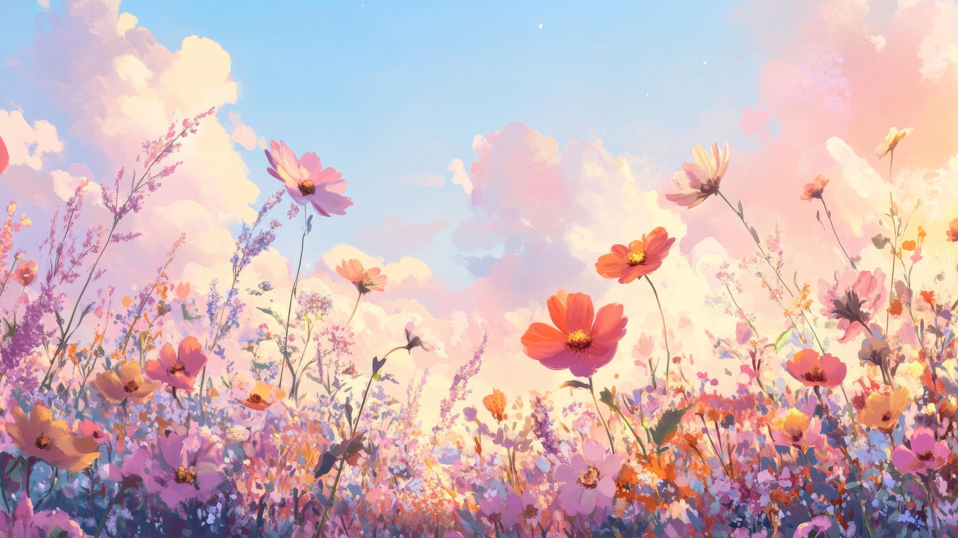 spring flowers wallpaper with wildflowers under a pastel sky