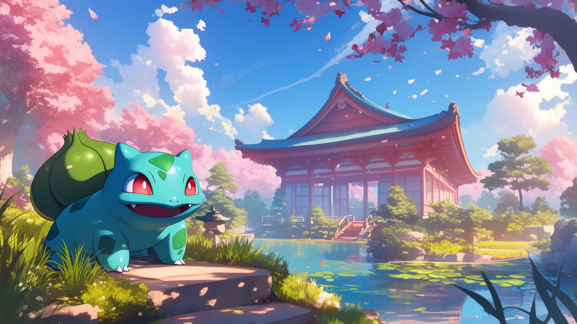 Pokemon Bulbasaur in a serene Japanese garden with cherry blossoms