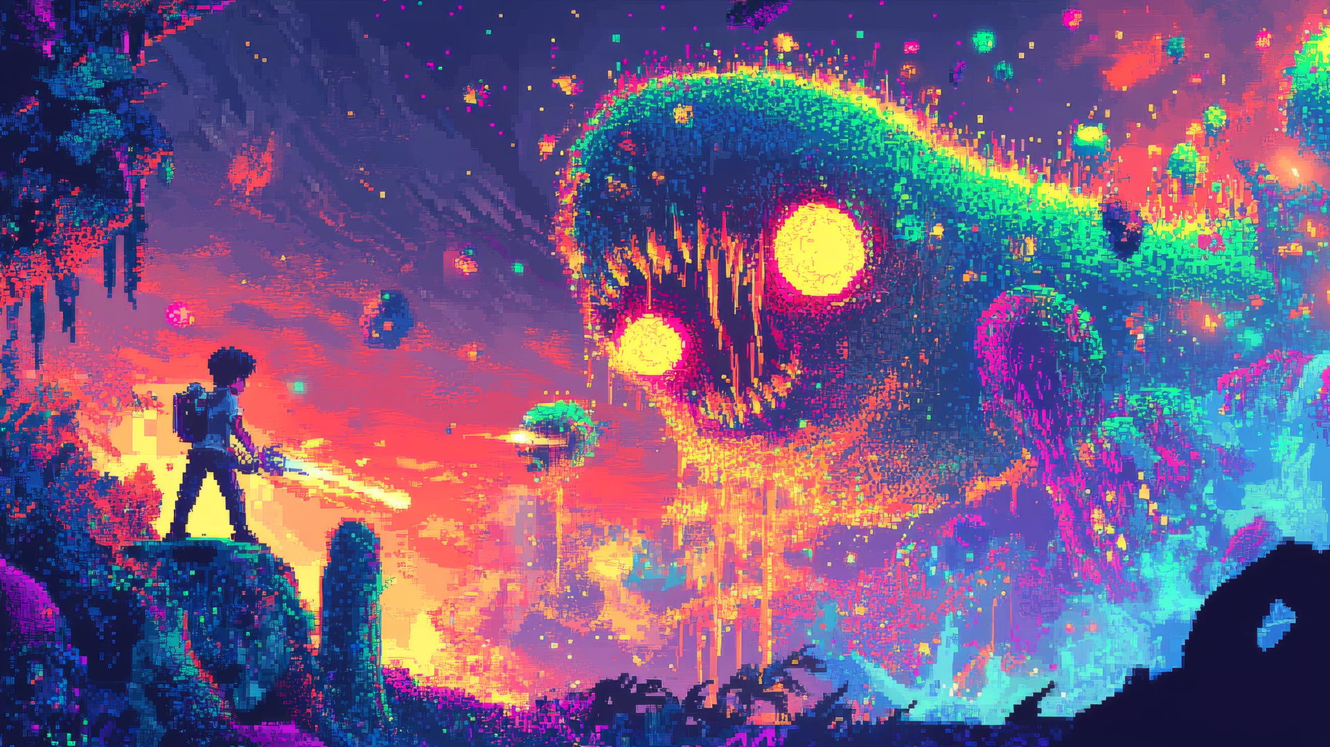cool wallpapers for boys with retro arcade pixel art of a boy battling digital monsters