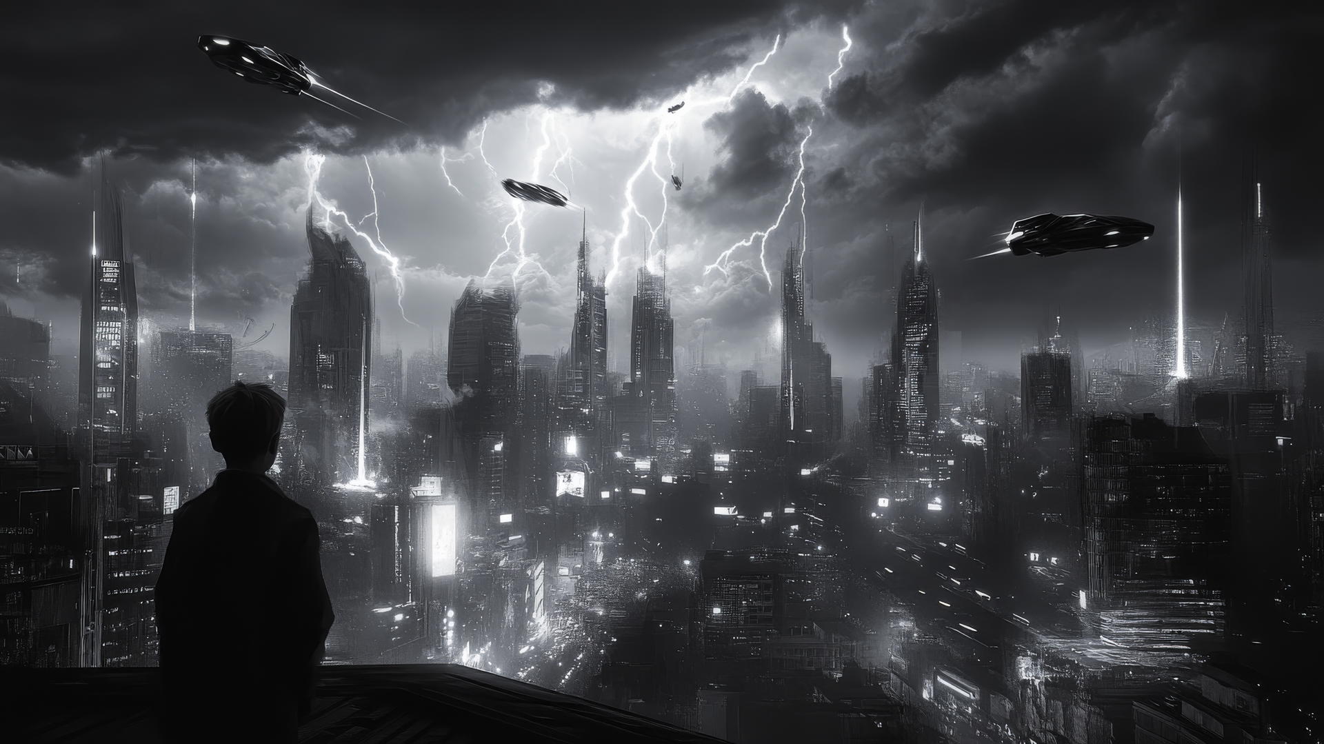 cool wallpapers for boys: dystopian sci-fi cityscape with neon lights, boy on rooftop