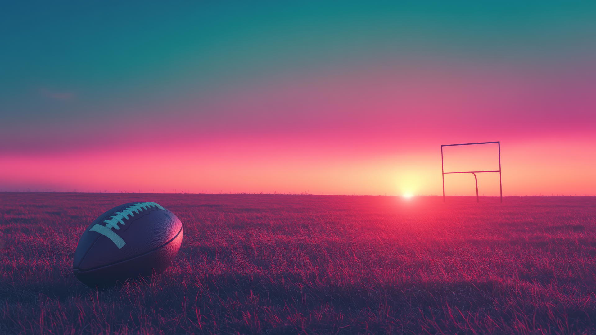 Glowing football on tee in a minimalistic field, gradient dusk to night sky.