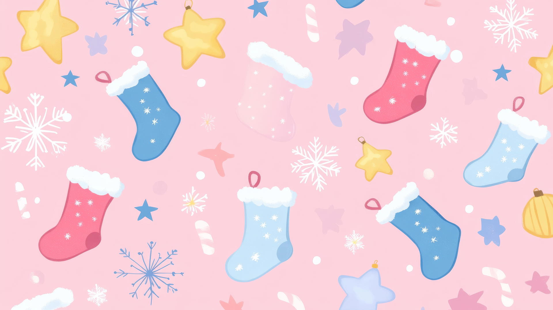Pastel Christmas stockings and snowflakes on pink background