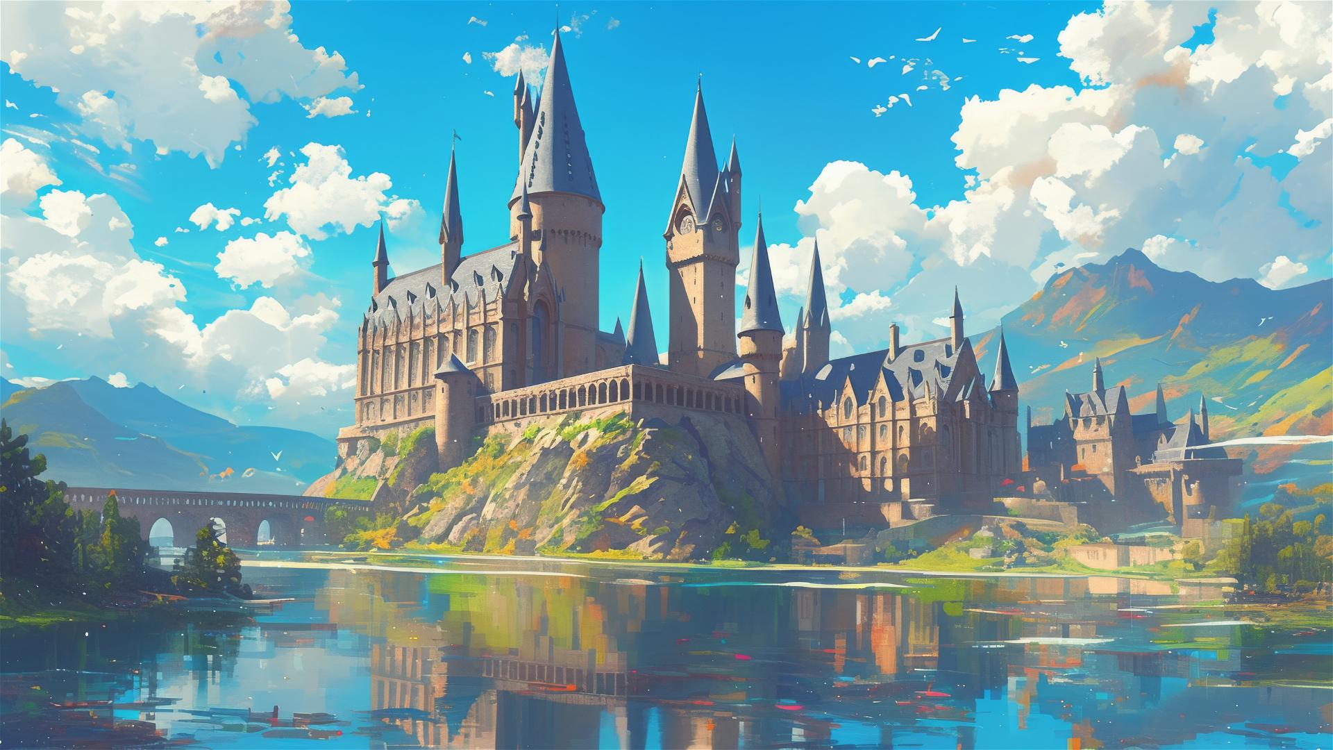 Artistic illustration of Hogwarts School from Harry Potter