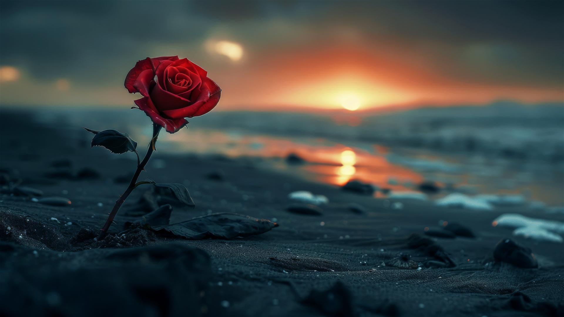 Rose flower on a black beach at night, perspective view