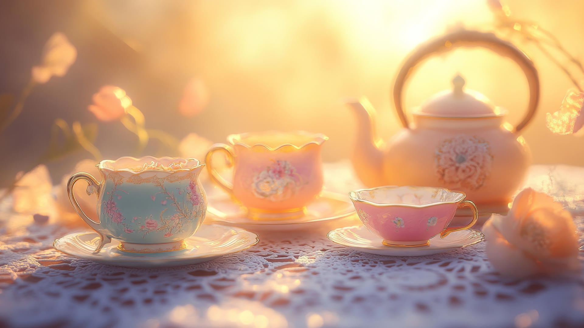 Aesthetic cute wallpapers: pastel-colored tea set on lace doily with soft lighting