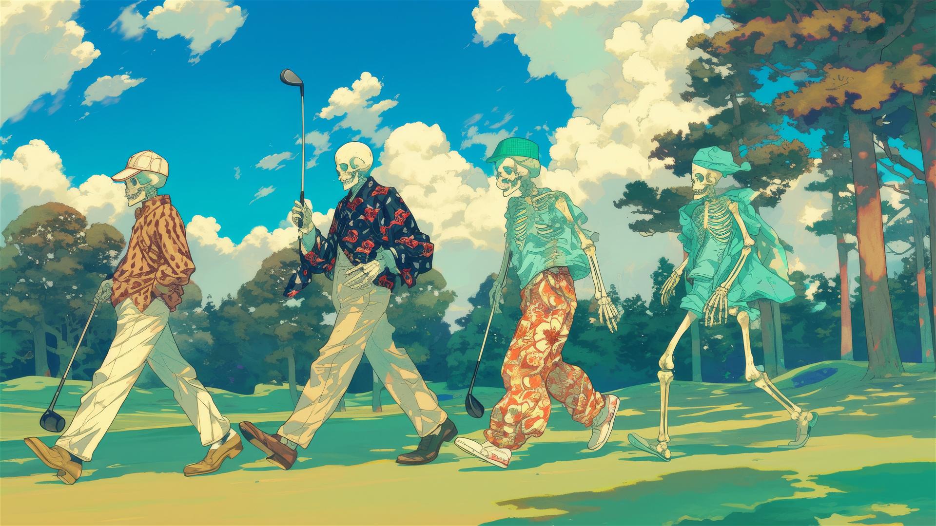 4 skeletons in golf clothes at Augusta, KAWS-inspired risograph style