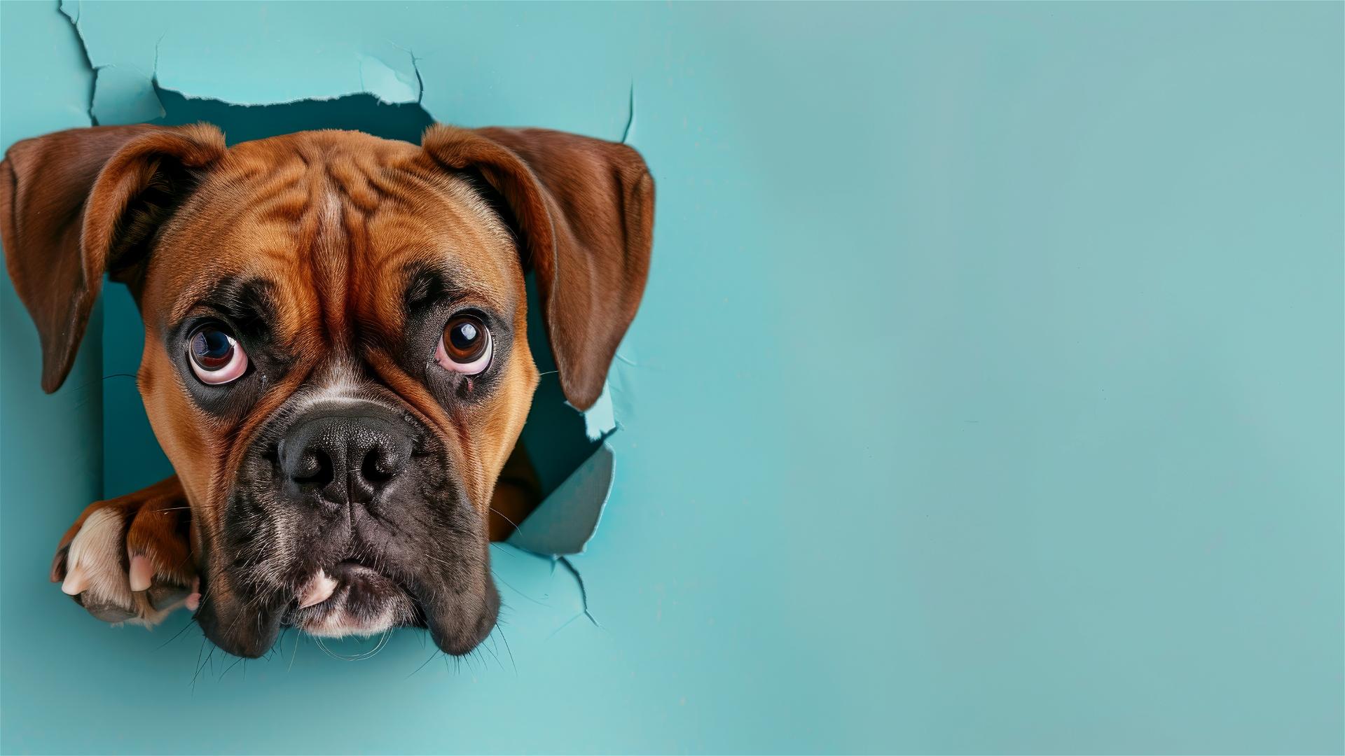 Boxer dog peeking through hole in sky blue paper wall