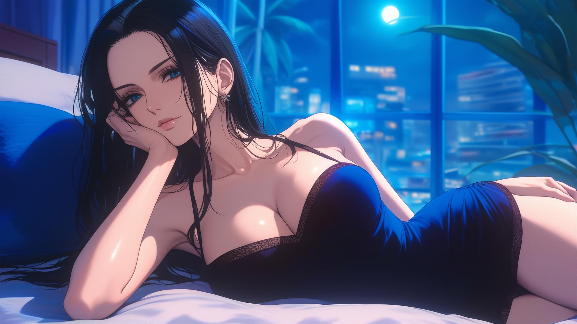 Nico Robin resting in a modern hotel room with moonlight glow