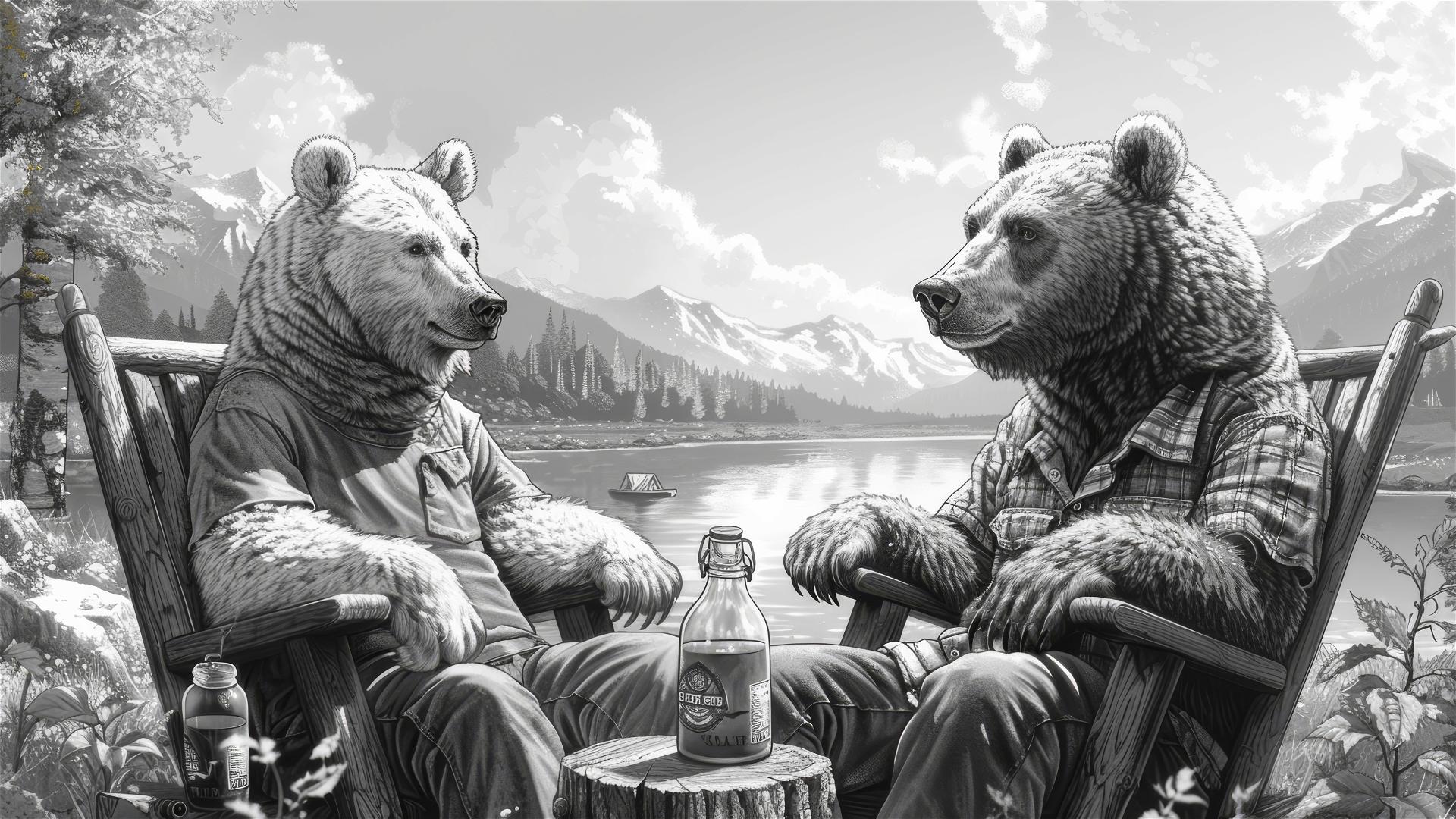 Bears in rocking chairs by campfire, grassy hills, birches, lake view