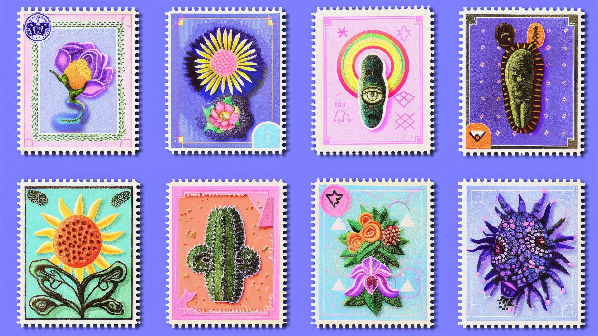 Grid of colorful postage stamps with flowers, suns, rainbows, and geometric patterns on blue background.