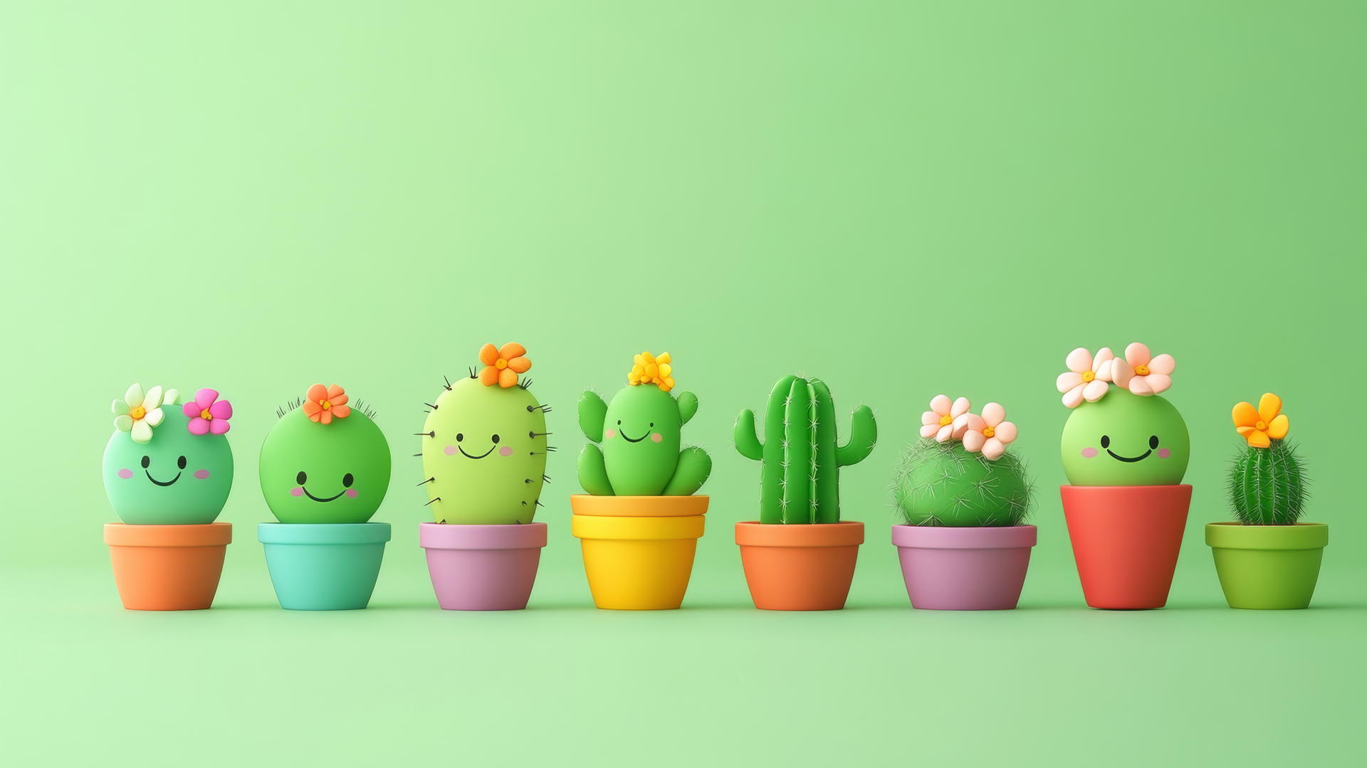 Cute green wallpaper with smiling cacti in colorful pots and tiny flowers on top