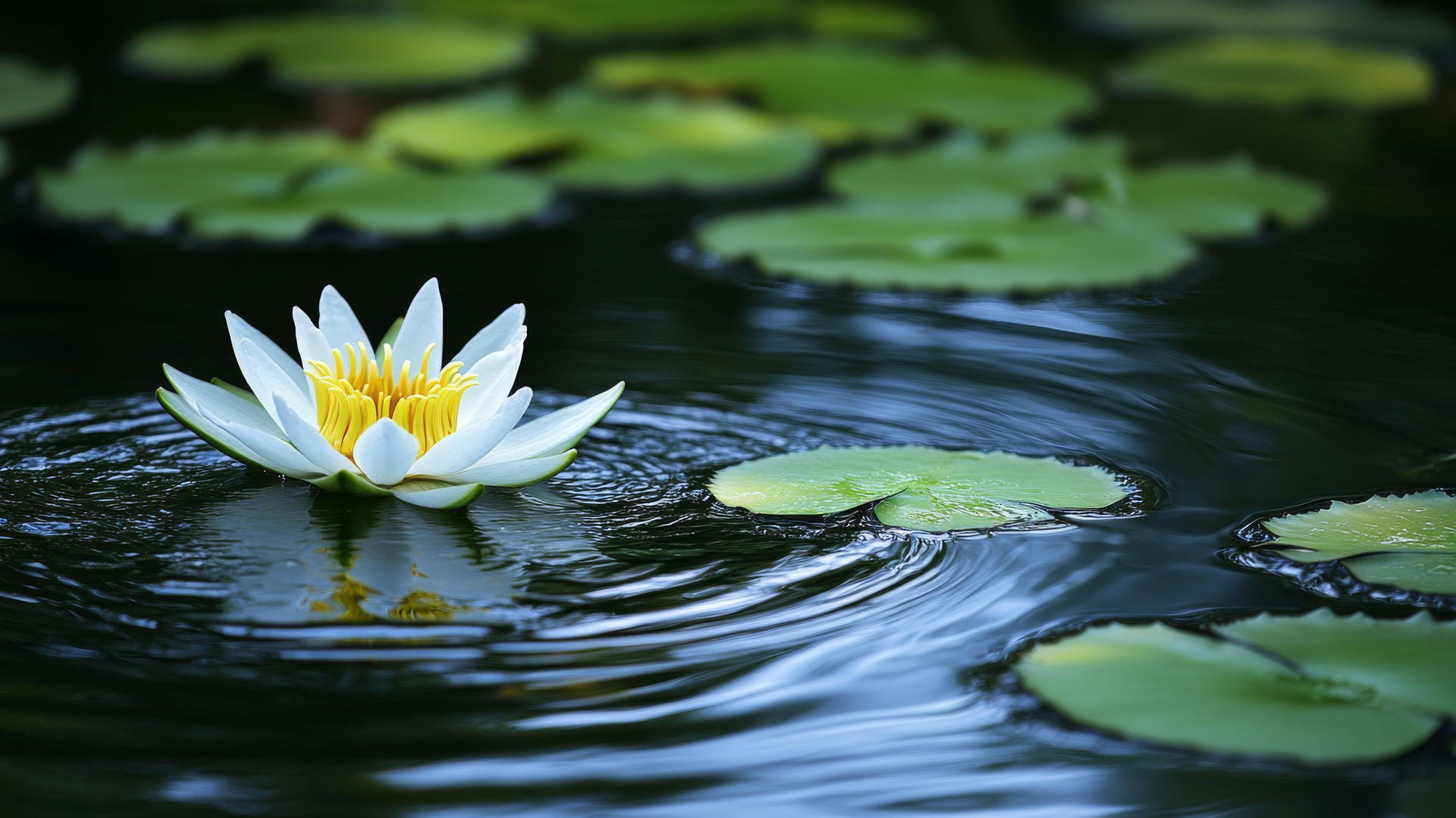 flower nature wallpaper with lotus flower and lily pads on a still pond