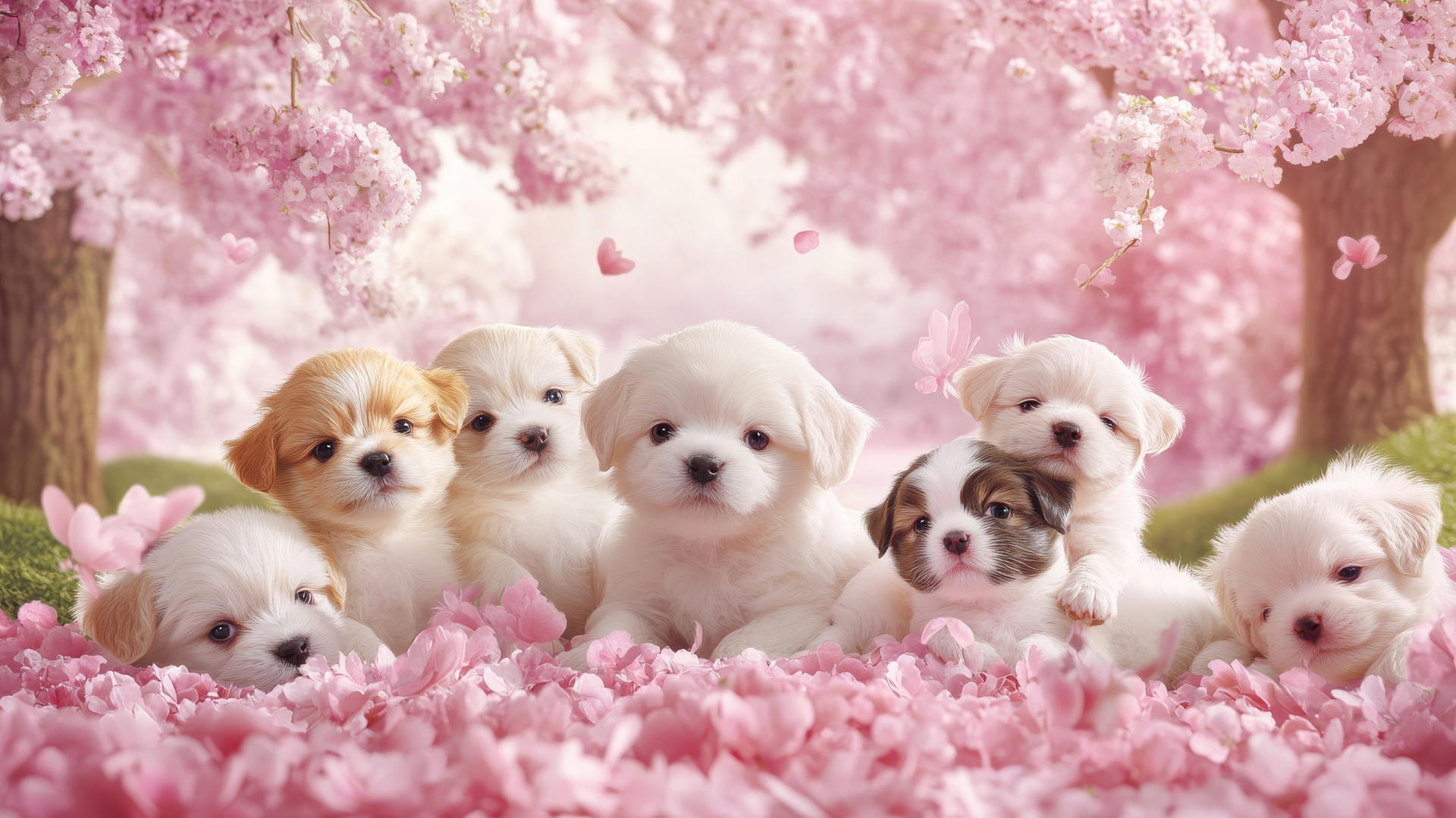Pink cute puppy wallpaper with puppies playing in a park with pastel flowers