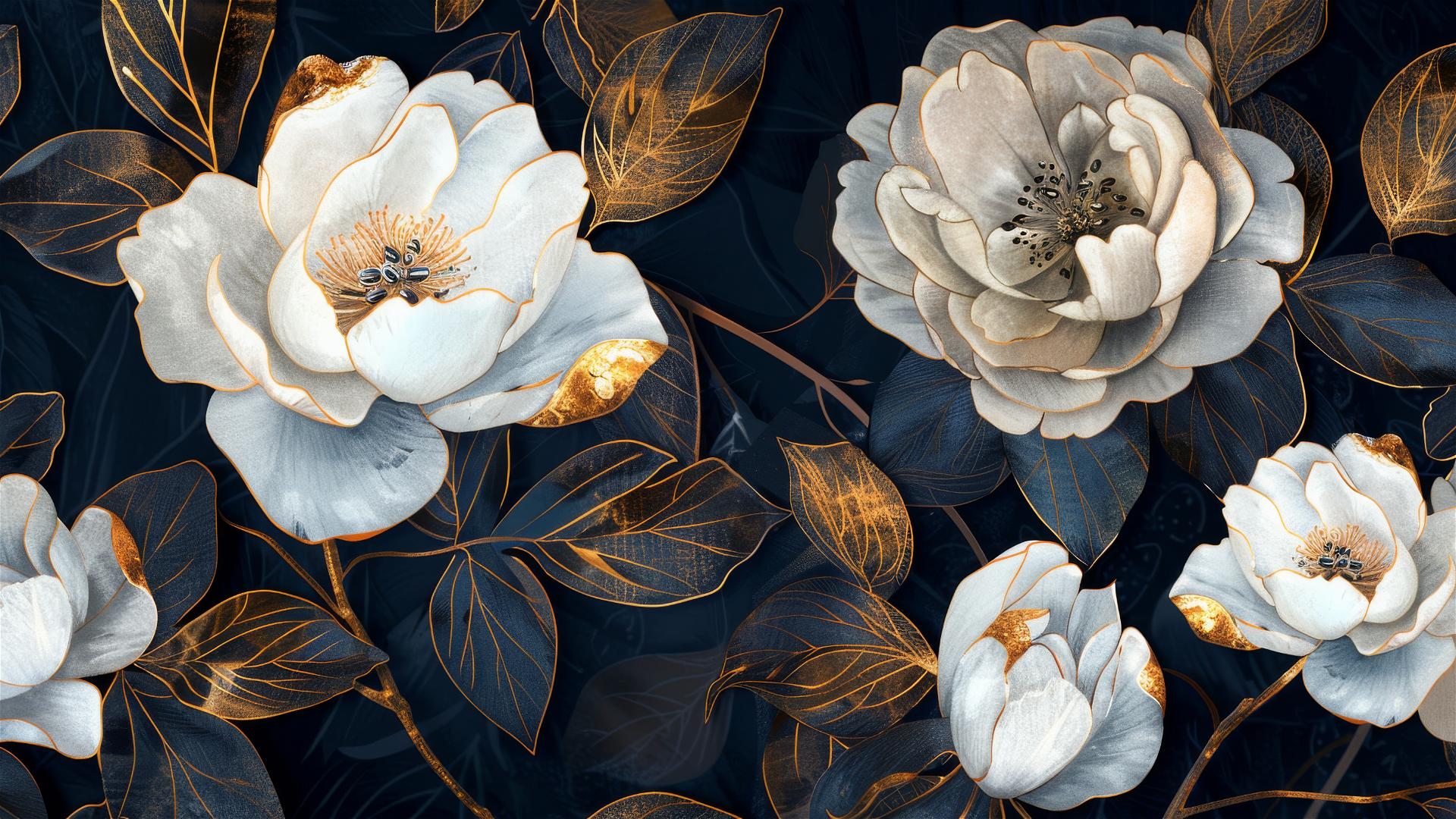 White flowers and gold leaves on dark navy blue background