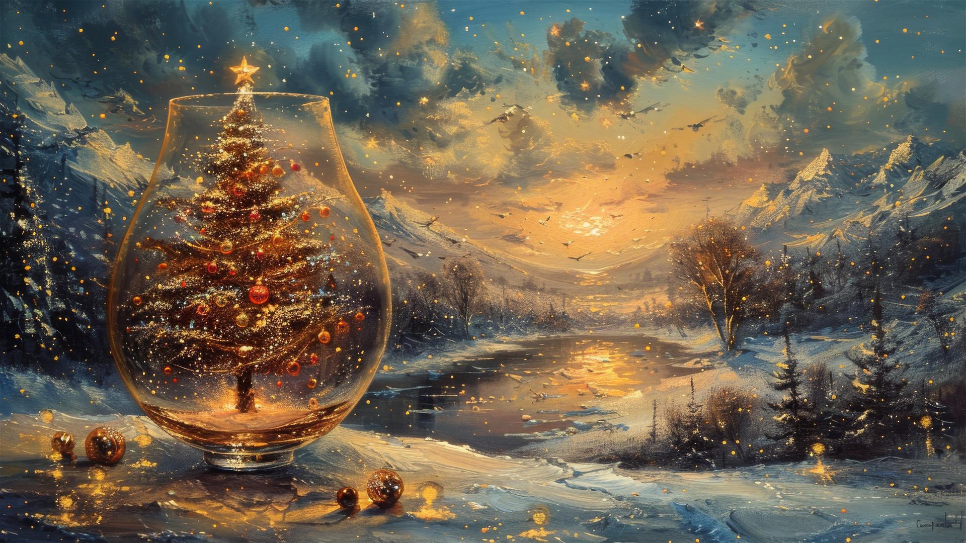 Christmas tree in a glass, inspired by Kinuko Y. Craft with snow scenes
