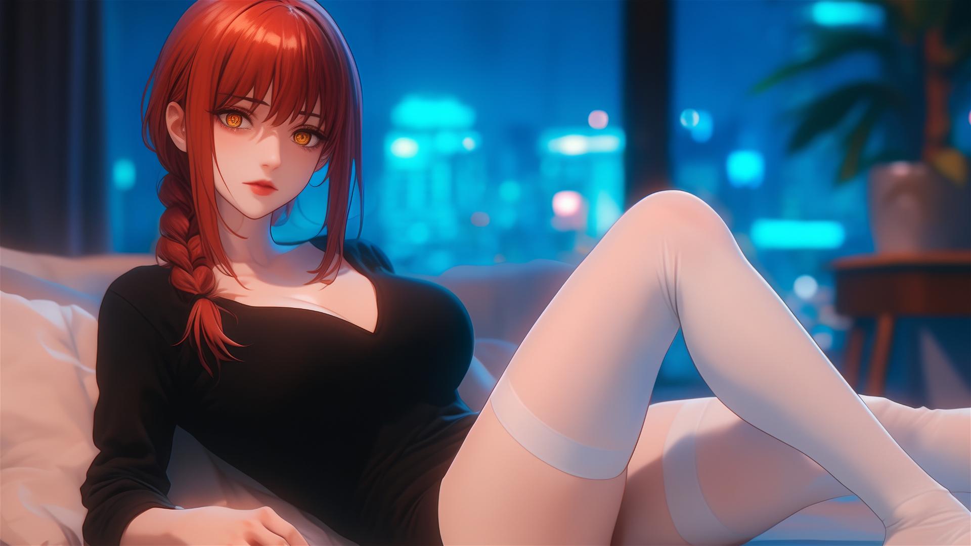 Close-up view of Makima's foot from Chainsaw Man, resting in her room, with visible redish hair
