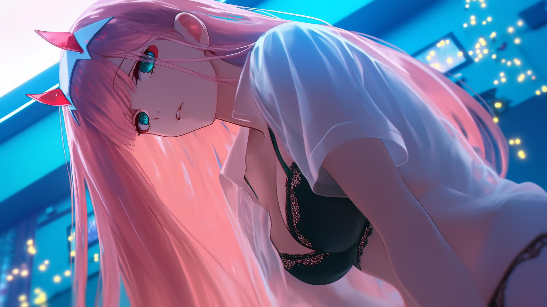 Zero Two from DARLING in the FRANXX, kneeling with long pink hair and warm, neon-lit hotel ceiling background.