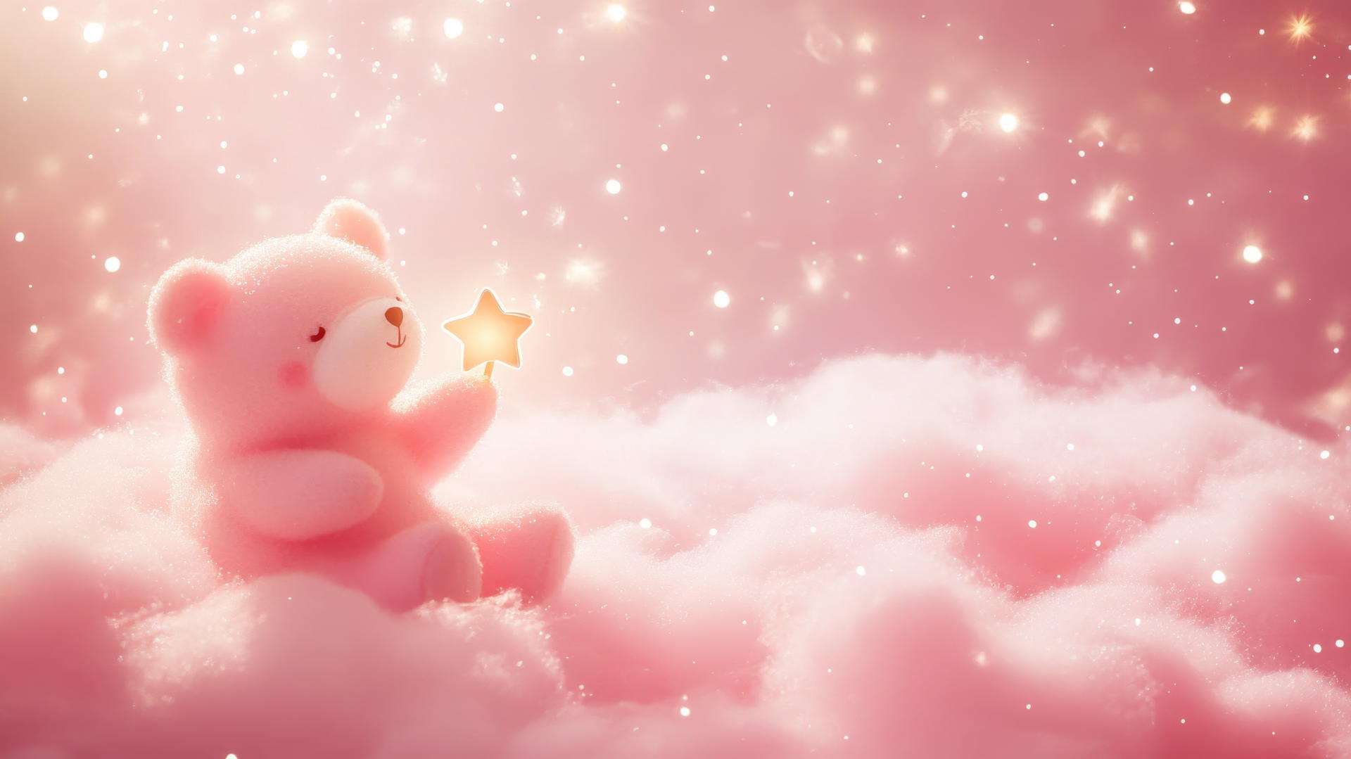Cute pink wallpaper of kawaii bear holding star on a fluffy cloud