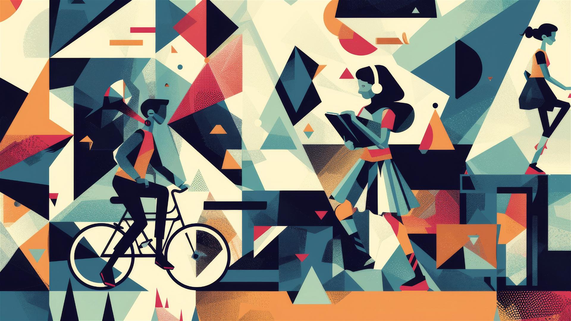 Monochrome flat design of man biking, girl dancing in headphones, another reading