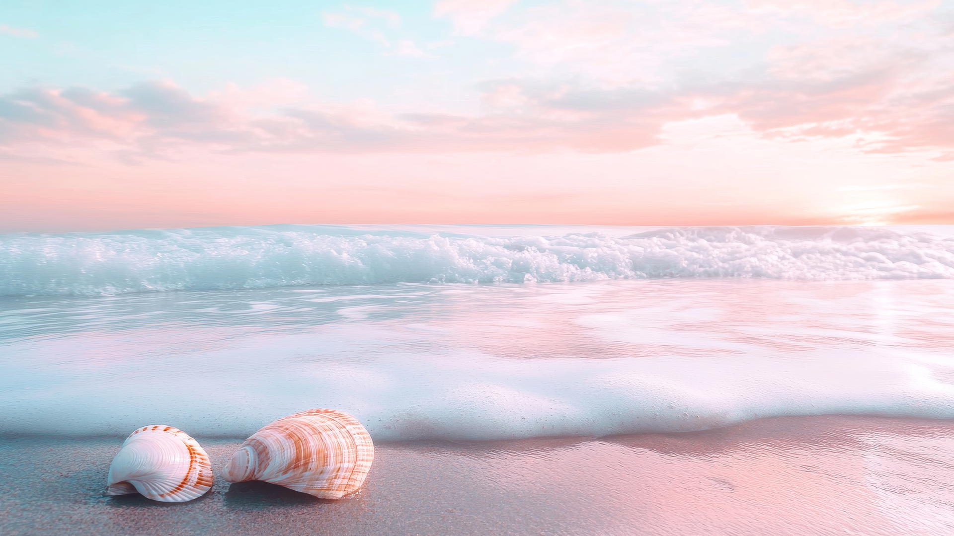 aesthetic beach wallpaper with pastel skies, seashells, and gentle waves