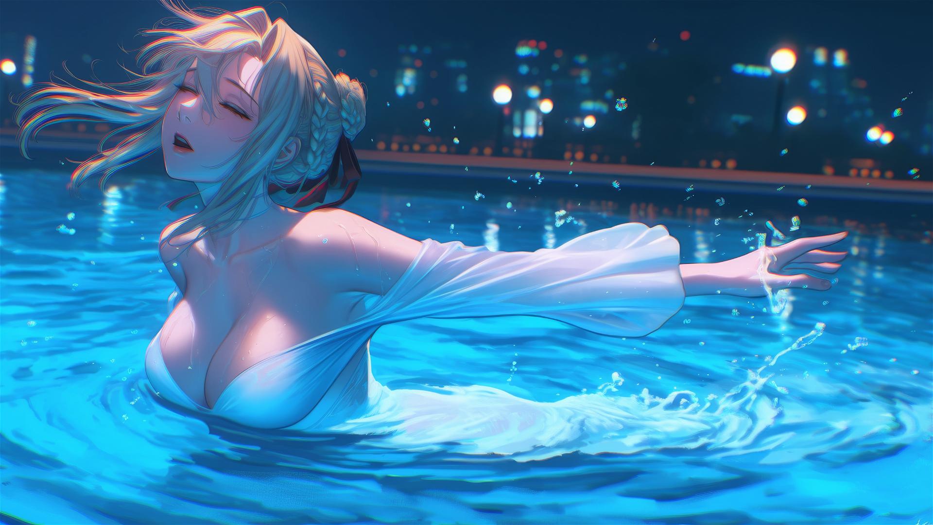 Violet Evergarden leaping from a pool under moonlit glow