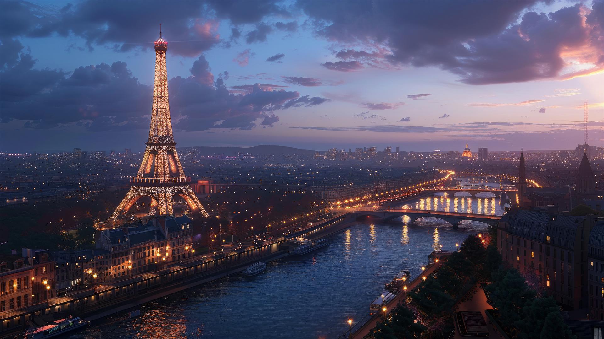 Ultra-detailed 8K photo of Paris in spring from Place du Trocadero with illuminated Eiffel Tower